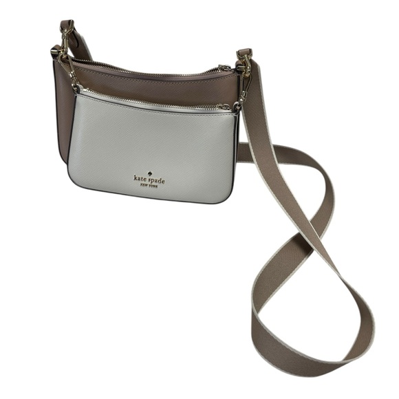 Kate Spade Taupe & Ivory Saffiano Double-Zip Convertible Crossbody Bag Purse Set - Picture 4 of 8